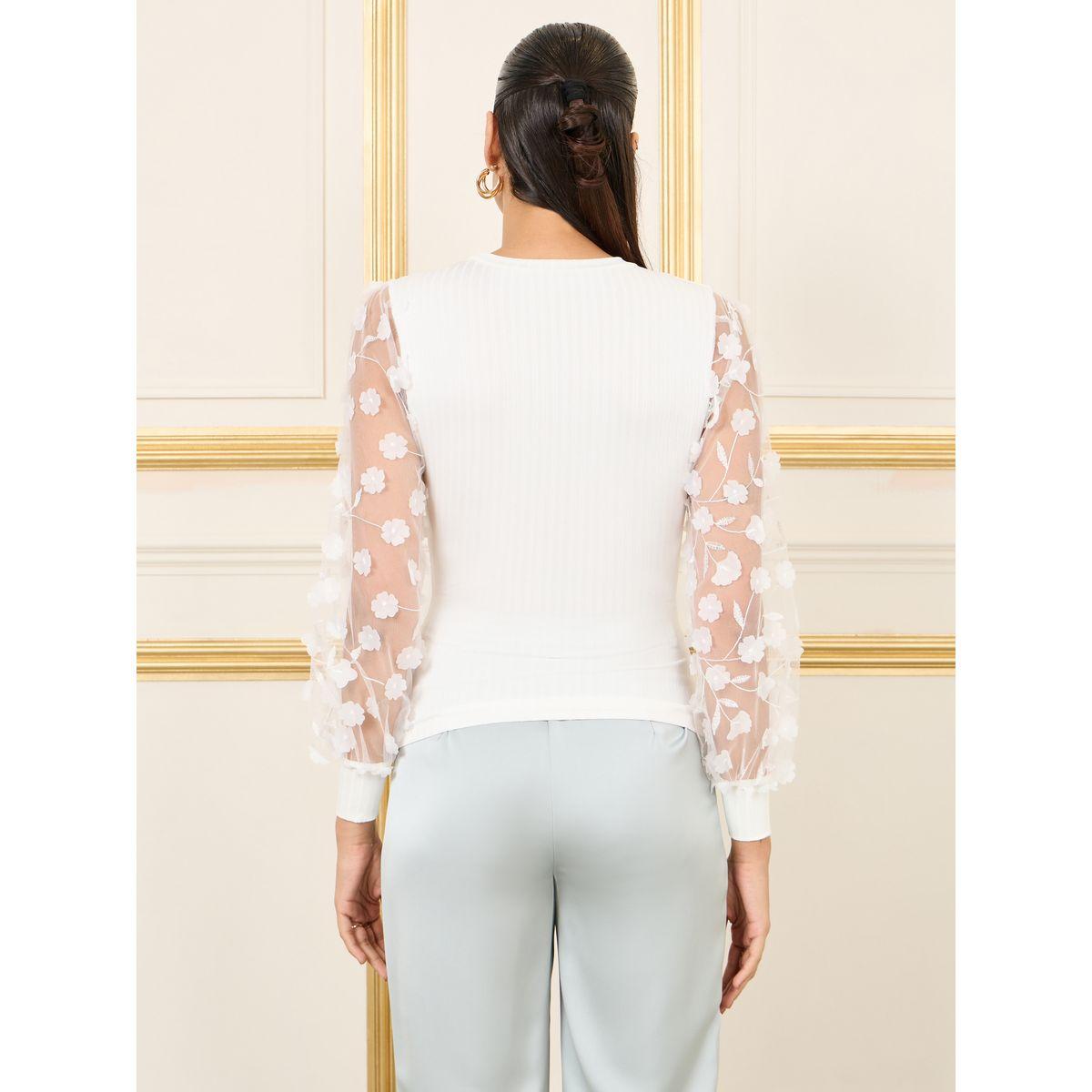 Styli Floral Applique Sheer Sleeves Ribbed Knit Top-women-clothing-shirtsandblouses-blouses-image-5