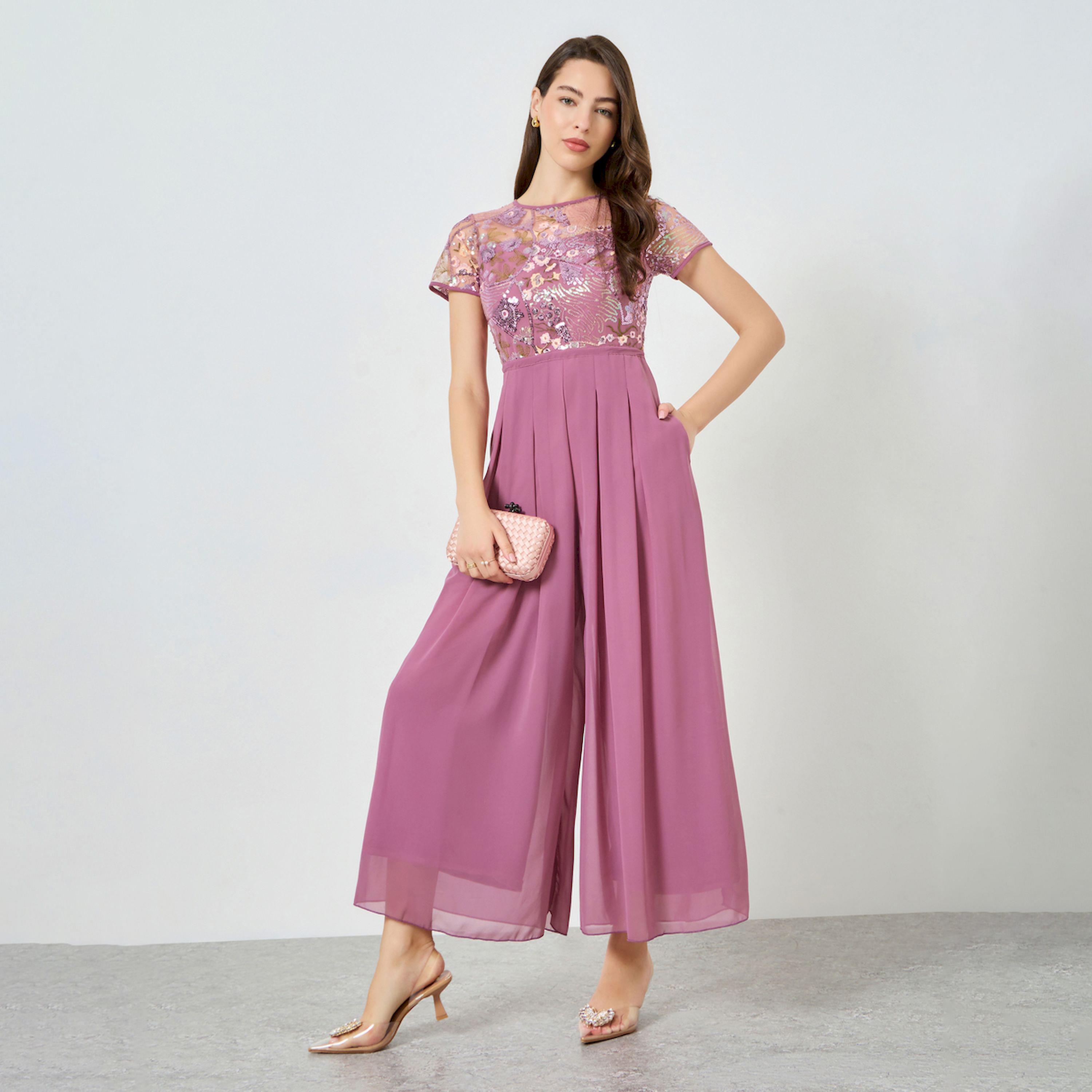 Styli Pink Sequin Bodice Wide Leg Jumpsuit-women-clothing-jumpsuits-image-1