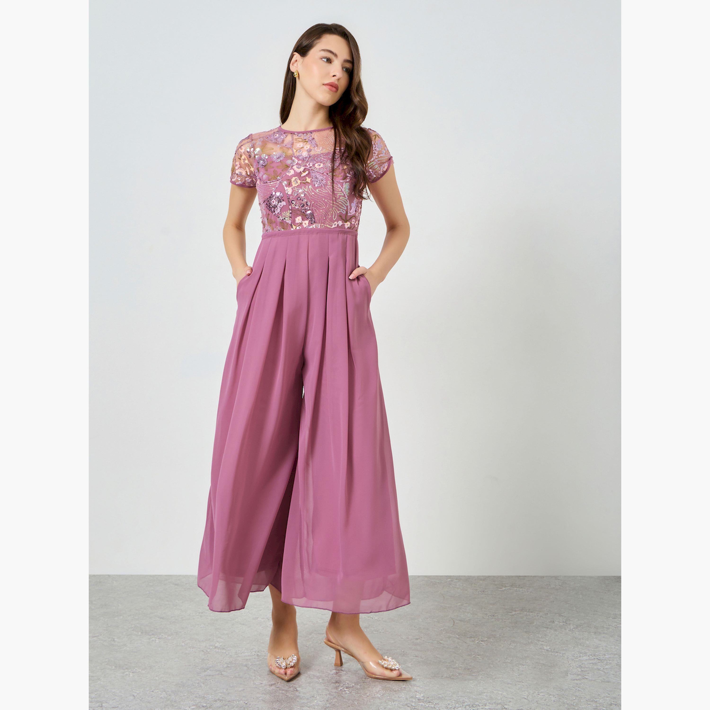 Styli Pink Sequin Bodice Wide Leg Jumpsuit-women-clothing-jumpsuits-image-3