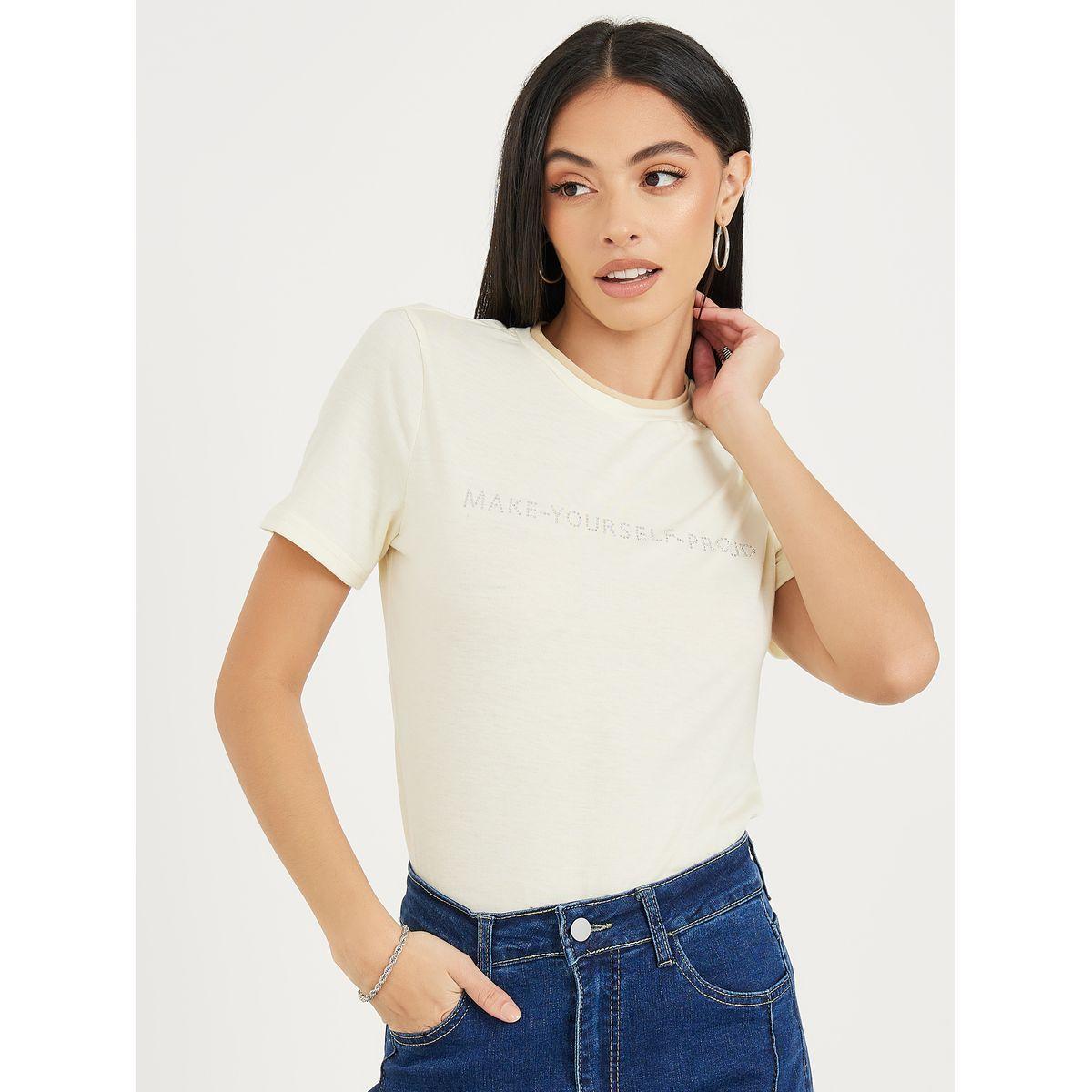 Styli Regular Fit Embellished Slogan T-Shirt with Short Sleeves-women-clothing-tshirts-image-1