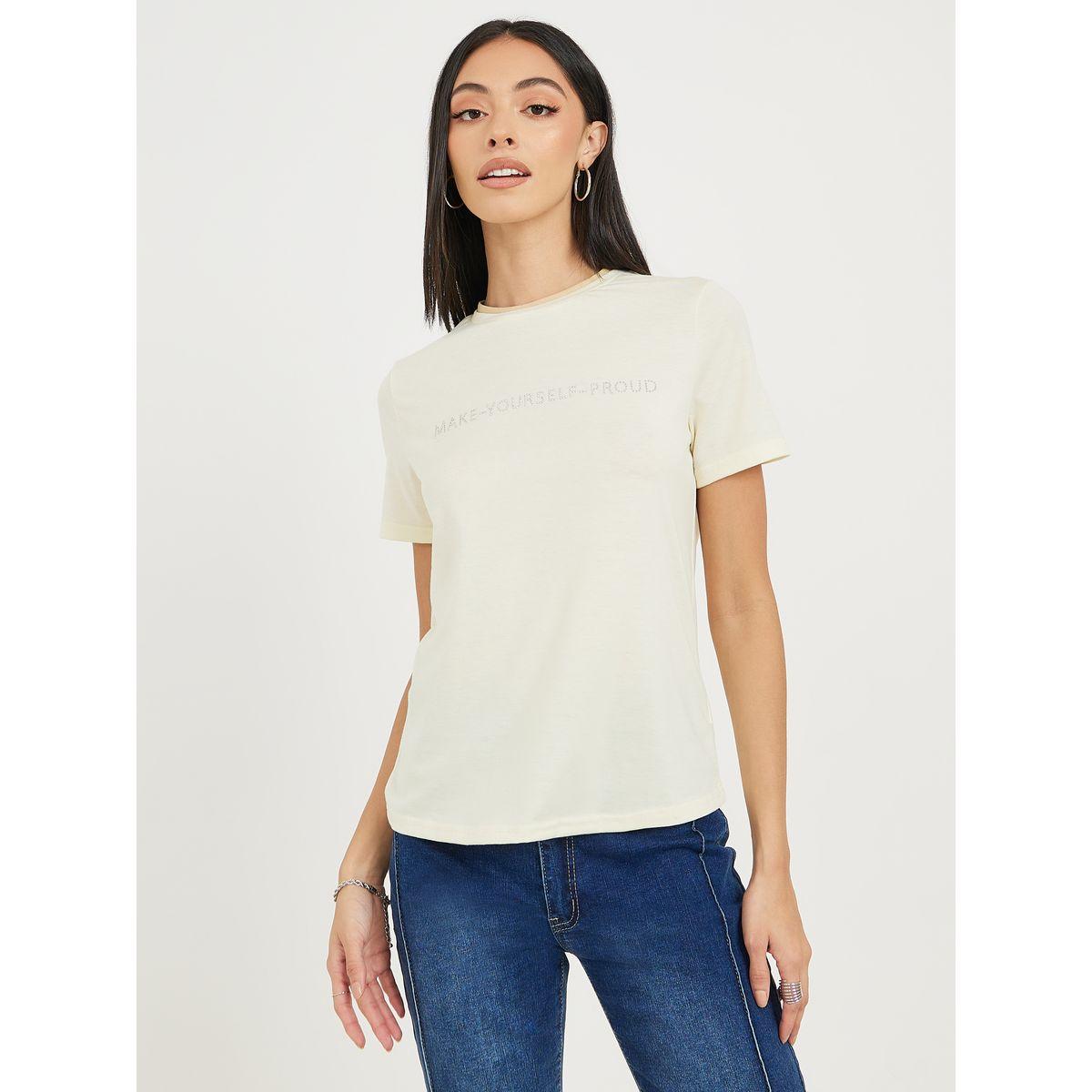 Styli Regular Fit Embellished Slogan T-Shirt with Short Sleeves-women-clothing-tshirts-image-2