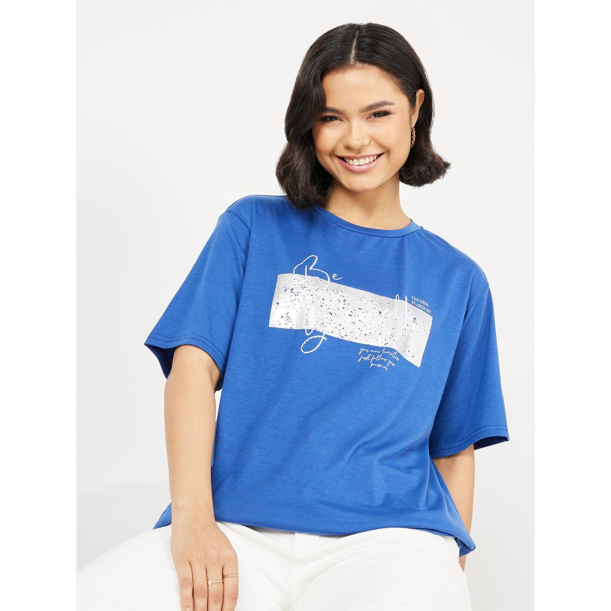 Styli Oversized Be Yourself Foil Graphic Print T-Shirt-women-clothing-tshirts-image-1