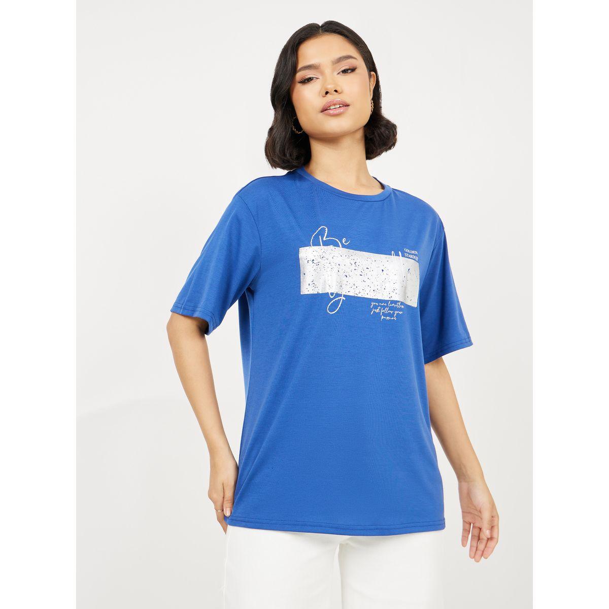 Styli Oversized Be Yourself Foil Graphic Print T-Shirt-women-clothing-tshirts-image-2