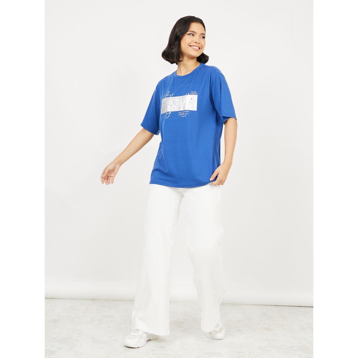 Styli Oversized Be Yourself Foil Graphic Print T-Shirt-women-clothing-tshirts-image-3