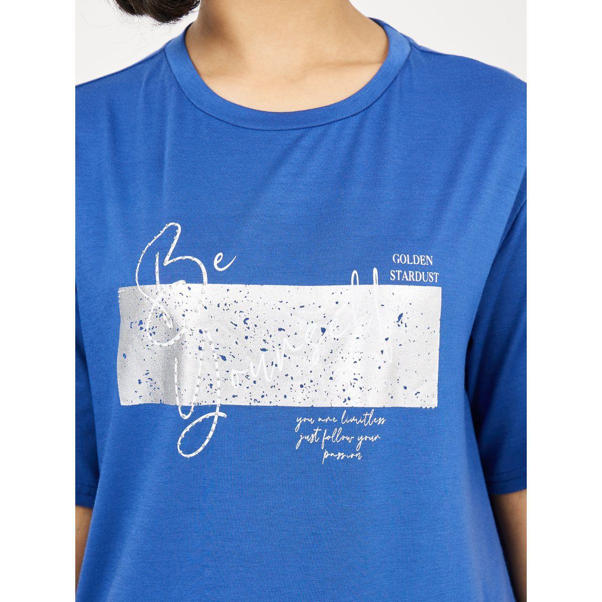 تيشيرت واسع مطبع بطبعة كتابة بالفويل-women-clothing-tshirts-image-4