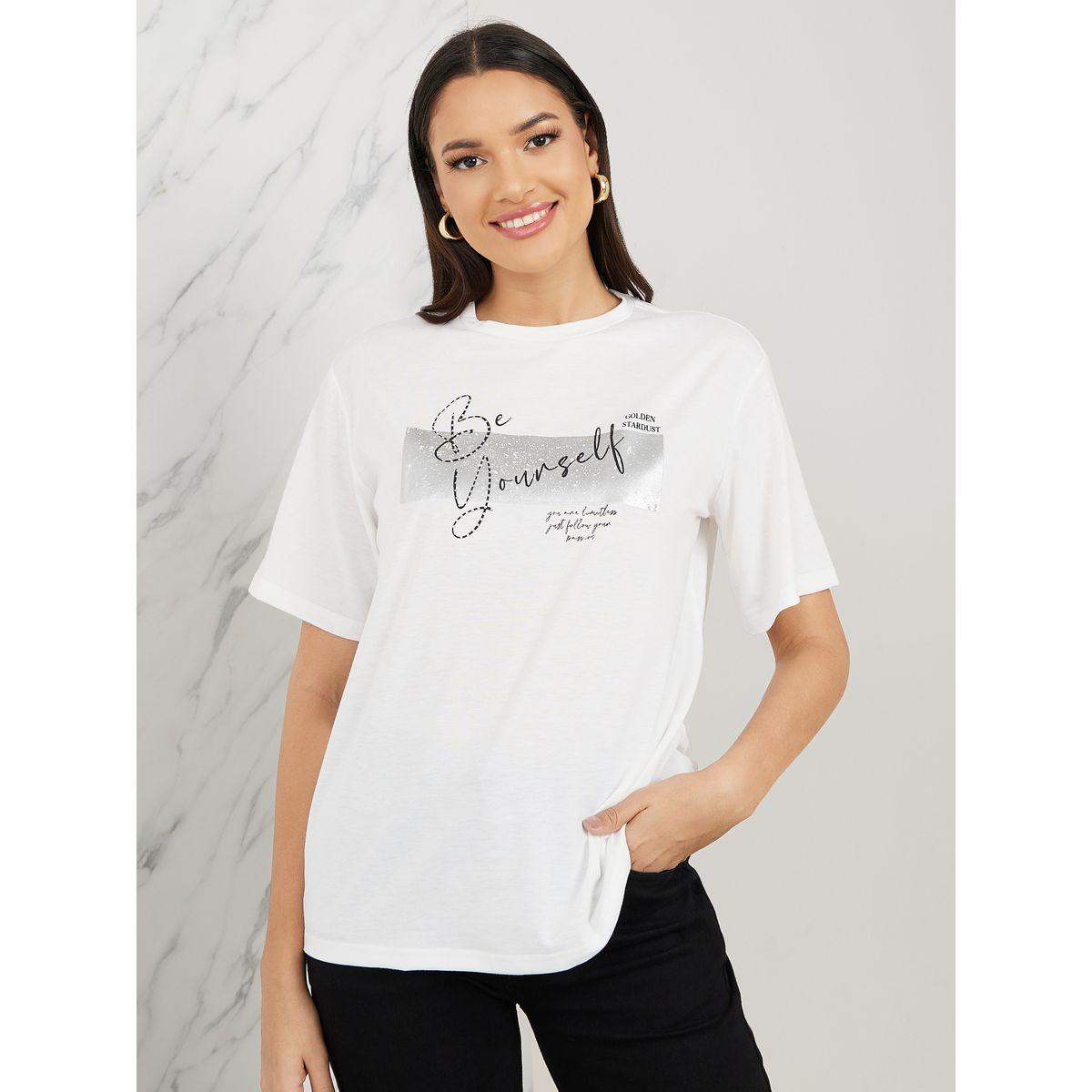 Styli Oversized Be Yourself Foil Graphic T-Shirt-women-clothing-tshirts-image-1