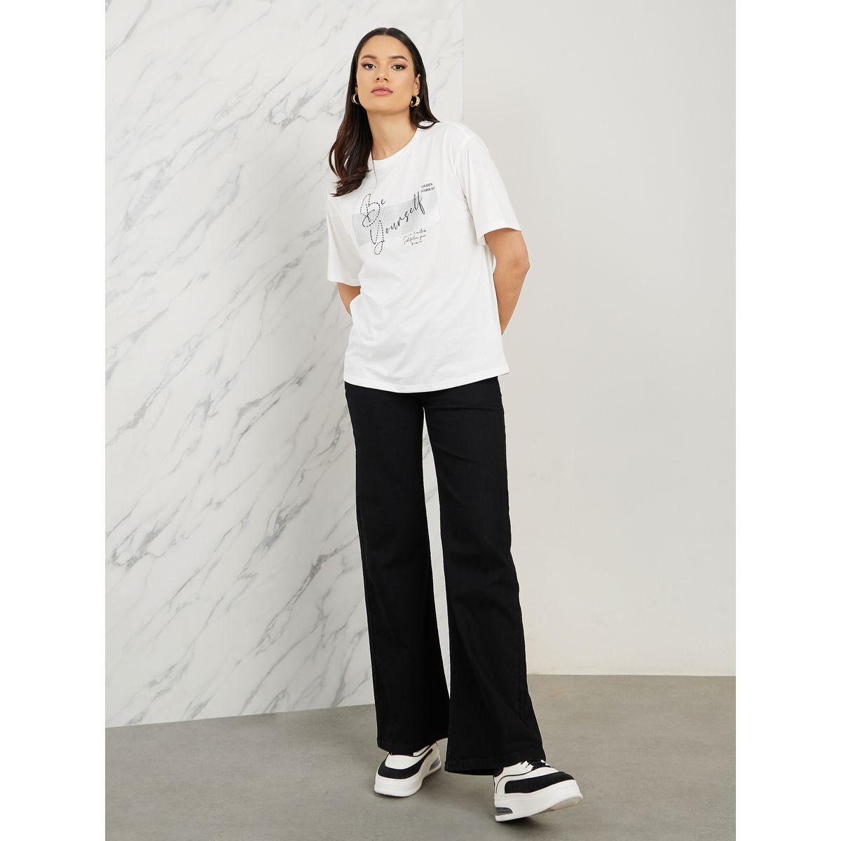 Styli Oversized Be Yourself Foil Graphic T-Shirt-women-clothing-tshirts-image-2