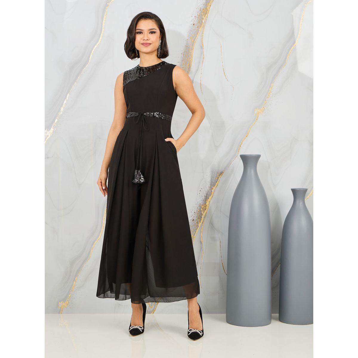Styli Sequin Detail Box Pleat Wide Leg Jumpsuit with Self Tie Up-women-clothing-jumpsuits-image-1