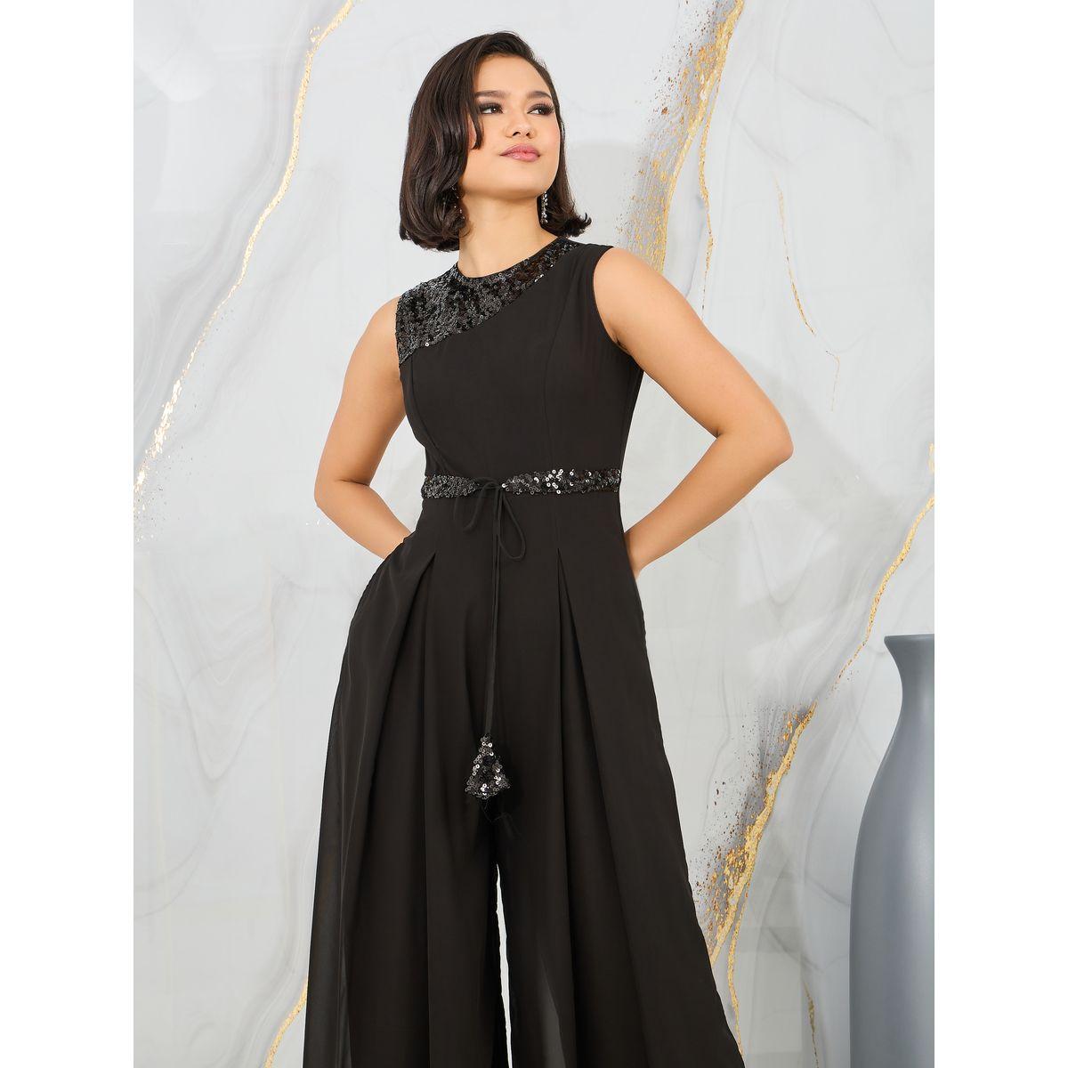 Styli Sequin Detail Box Pleat Wide Leg Jumpsuit with Self Tie Up-women-clothing-jumpsuits-image-2