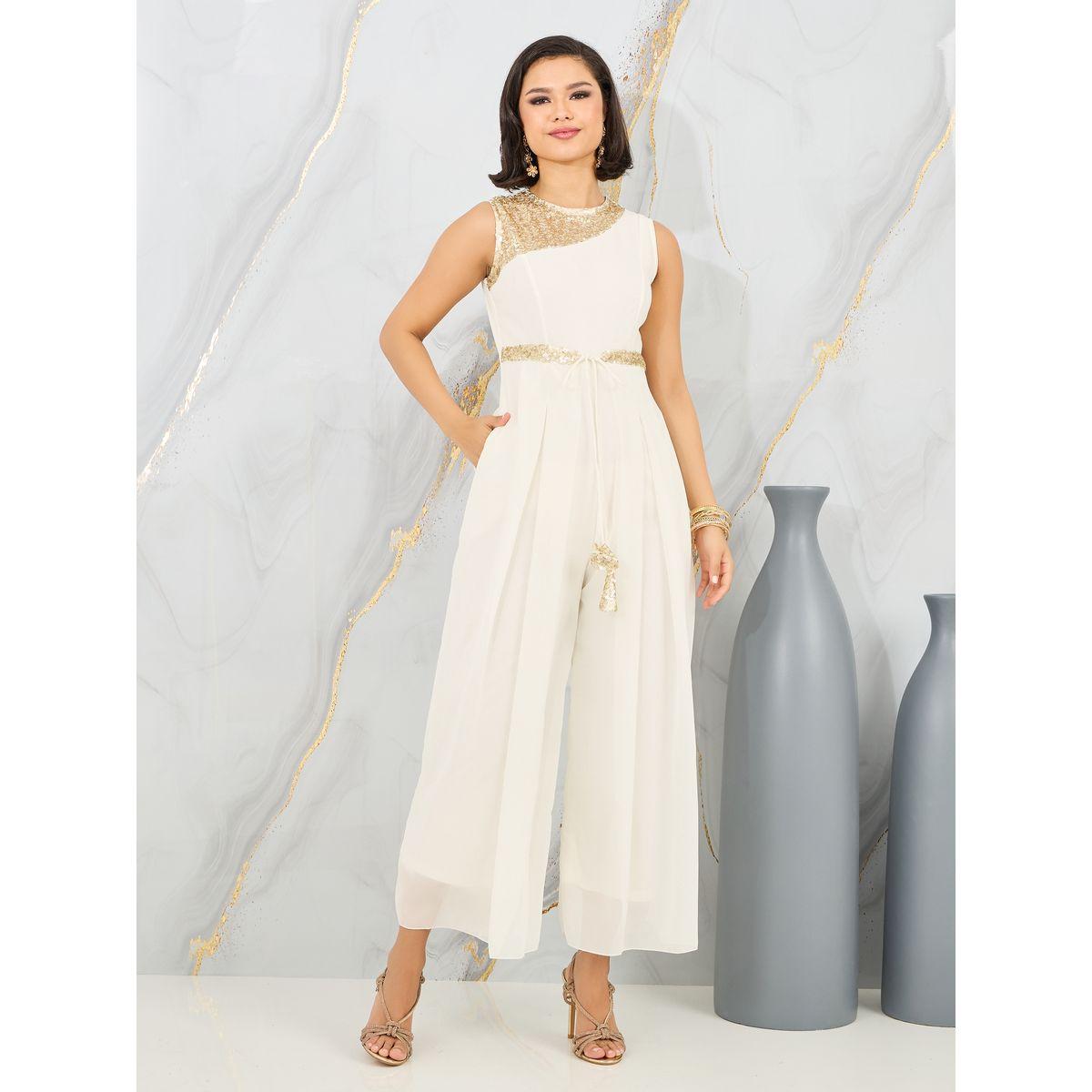 Styli Sequin Detail Box Pleat Wide Leg Jumpsuit with Self Tie Up-women-clothing-jumpsuits-image-1