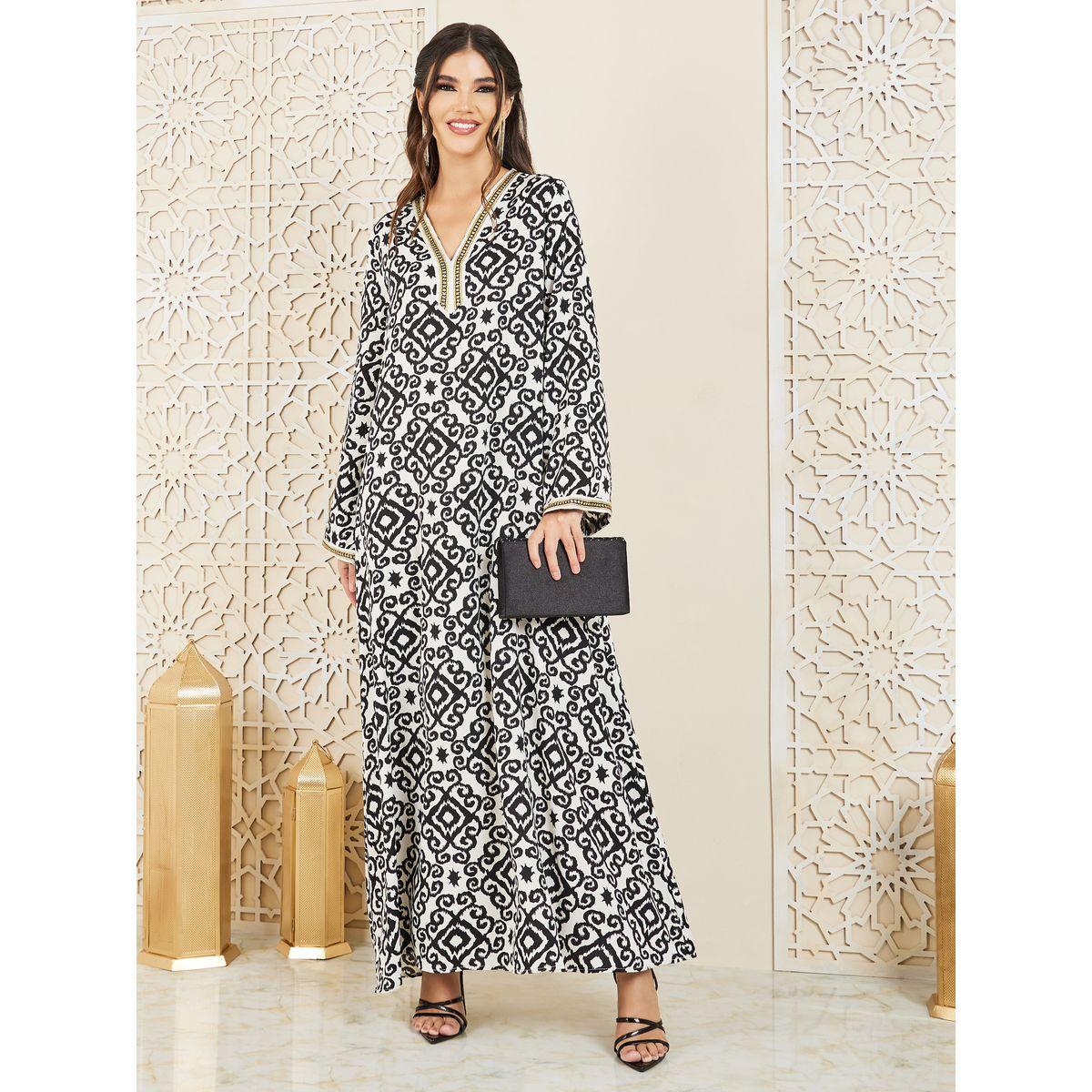 Styli Damask Print Lace Trim Jalabiya-women-arabicclothing-jalabiyas-image-1