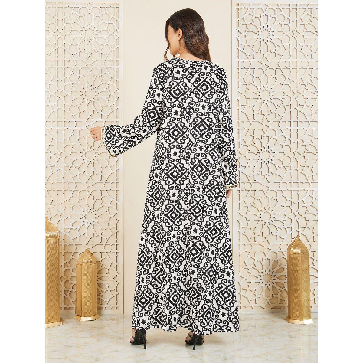 Styli Damask Print Lace Trim Jalabiya-women-arabicclothing-jalabiyas-image-4