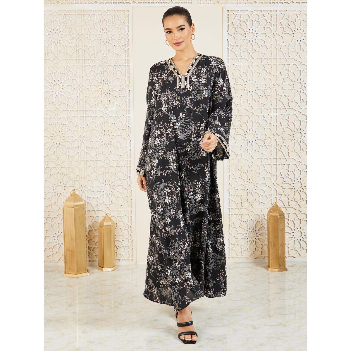 جلابية بتفاصيل دانتيل وطبعة فويل-women-arabicclothing-jalabiyas-image-1