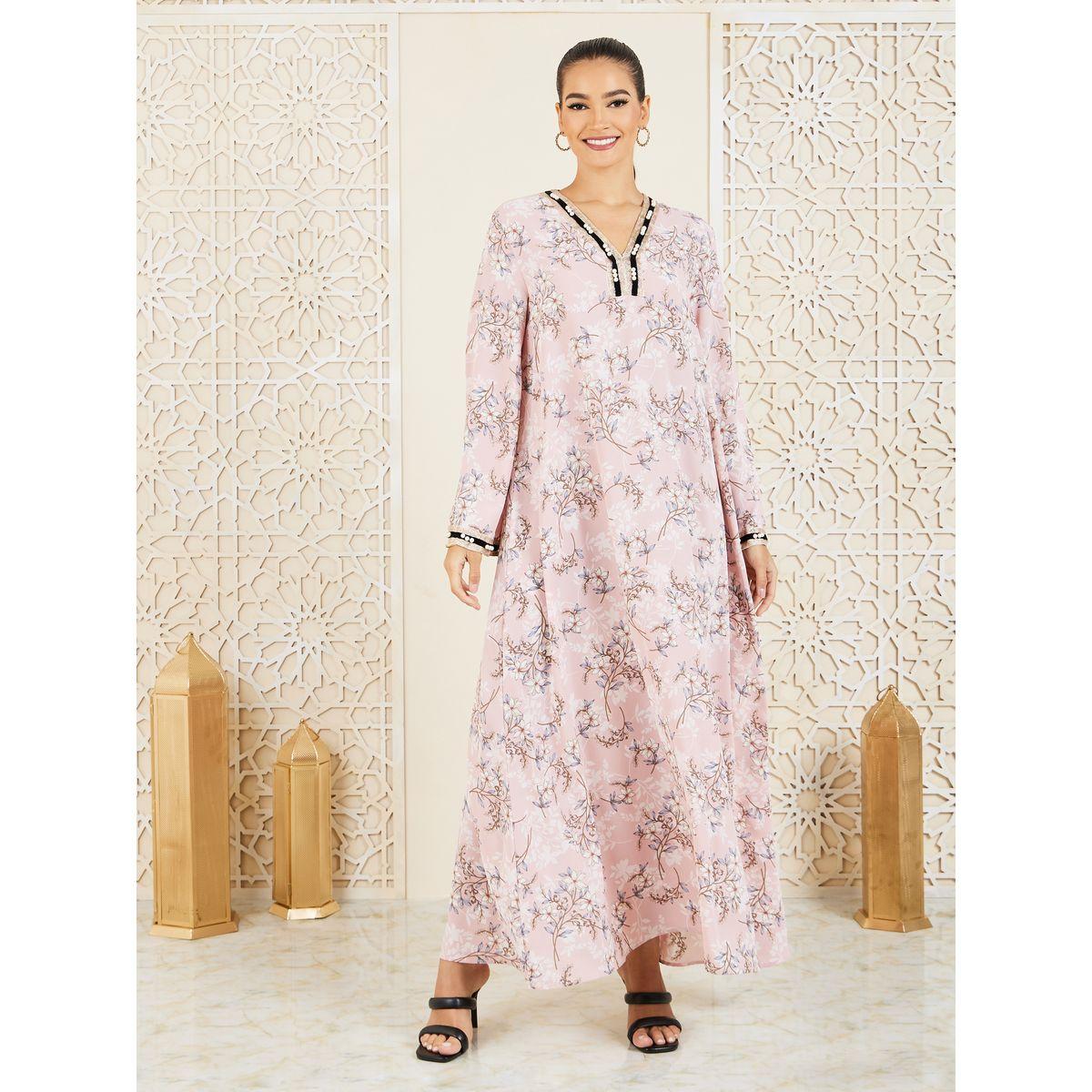 Styli Pearl Lace Trim Floral Print Jalabiya-women-arabicclothing-jalabiyas-image-1