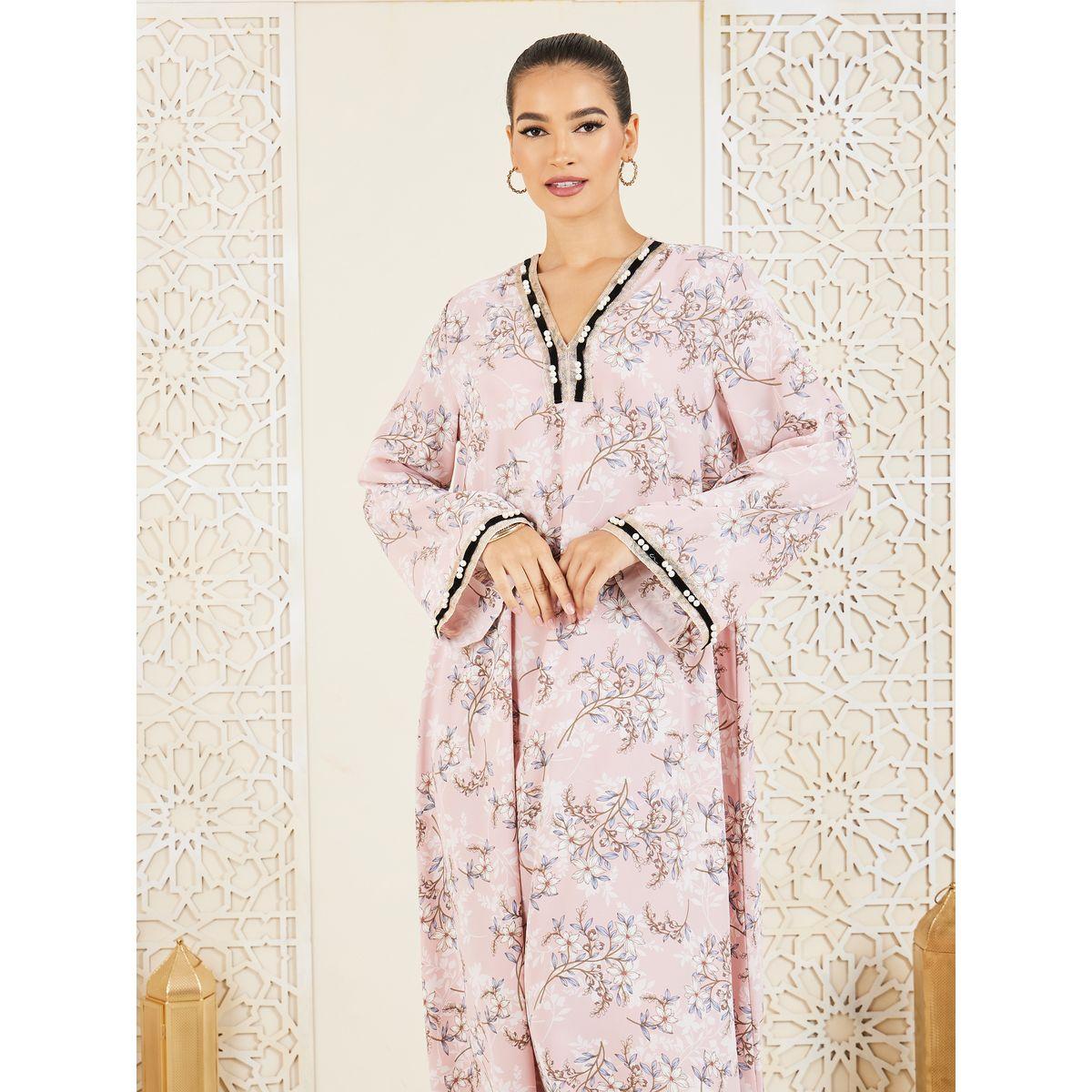 Styli Pearl Lace Trim Floral Print Jalabiya-women-arabicclothing-jalabiyas-image-2