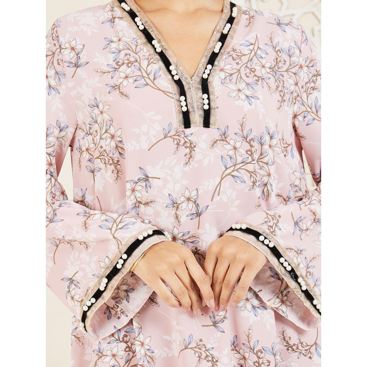 Styli Pearl Lace Trim Floral Print Jalabiya-women-arabicclothing-jalabiyas-image-3