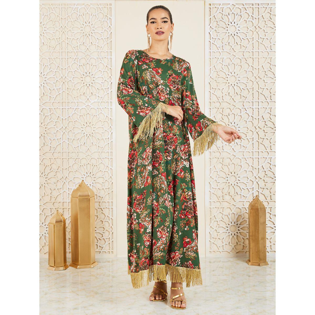 Styli Floral Print Tassel Trim Jalabiya-women-arabicclothing-jalabiyas-image-1
