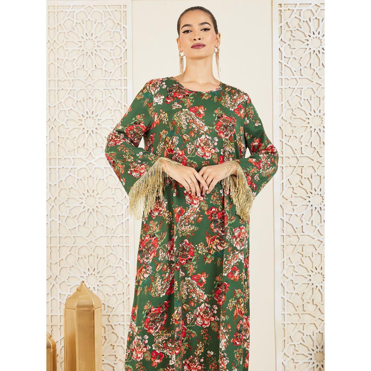 Styli Floral Print Tassel Trim Jalabiya-women-arabicclothing-jalabiyas-image-2