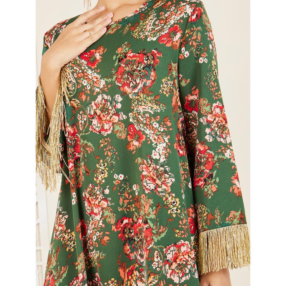 Styli Floral Print Tassel Trim Jalabiya-women-arabicclothing-jalabiyas-image-3