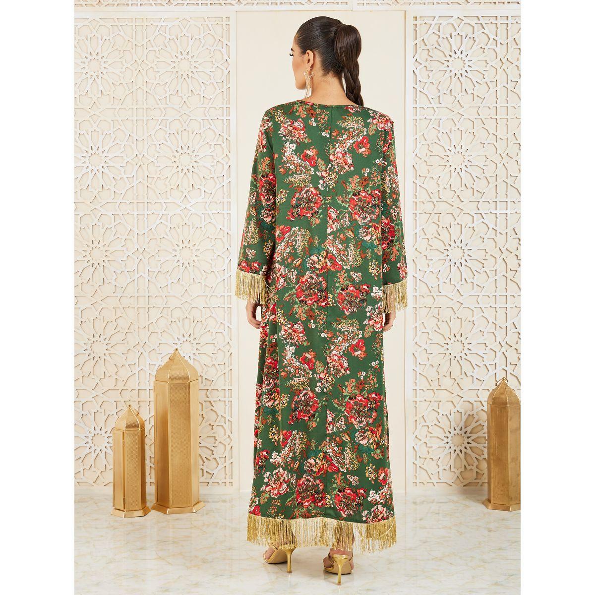 Styli Floral Print Tassel Trim Jalabiya-women-arabicclothing-jalabiyas-image-4