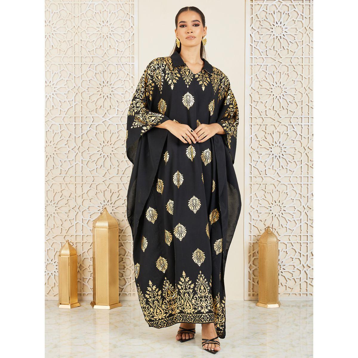 قفطان بطبعة داماسك بالفويل مع ياقة-women-arabicclothing-kaftan-image-1