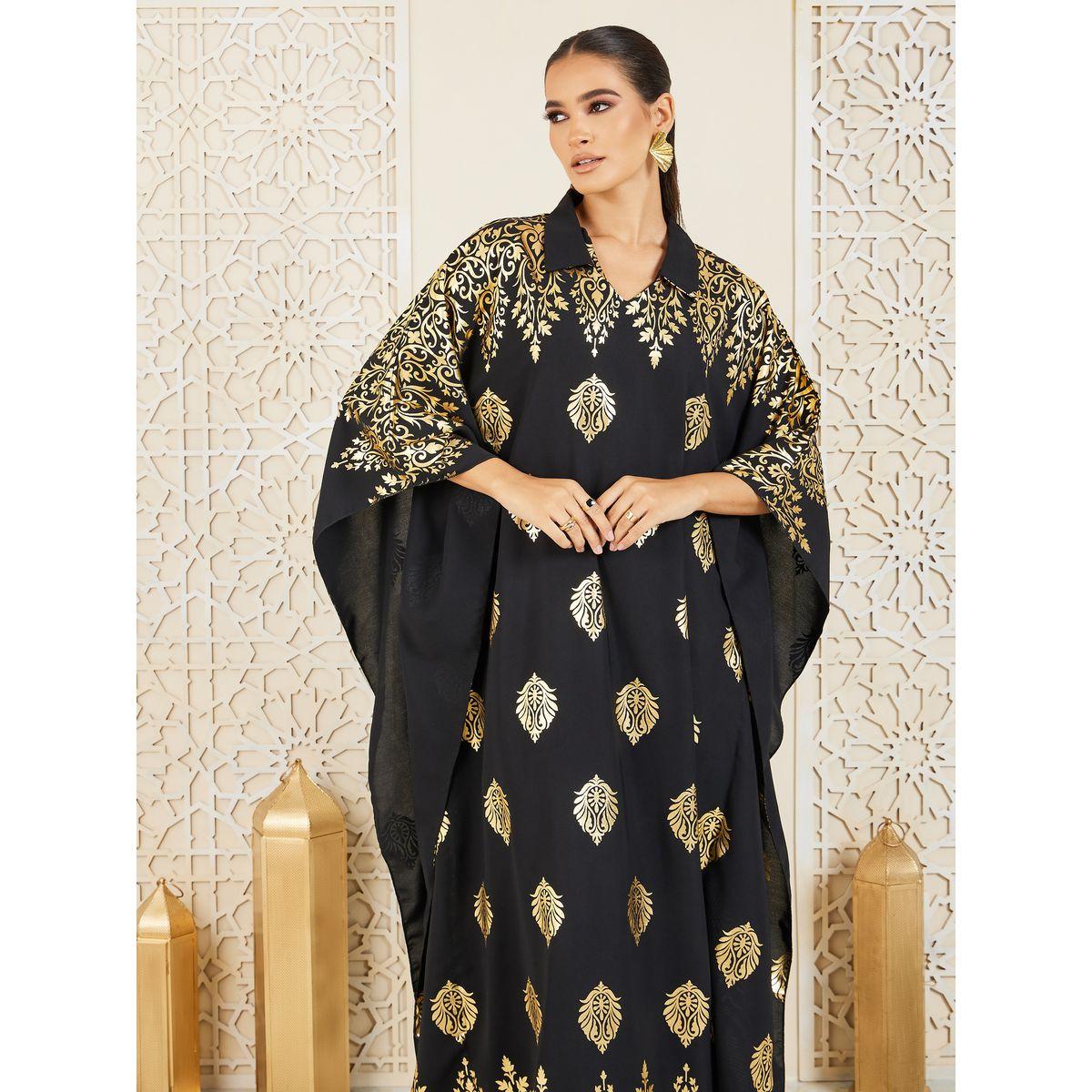 Styli Damask Foil Print Collared Kaftan-women-arabicclothing-kaftan-image-2