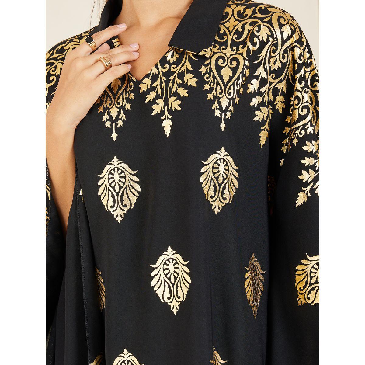 Styli Damask Foil Print Collared Kaftan-women-arabicclothing-kaftan-image-3