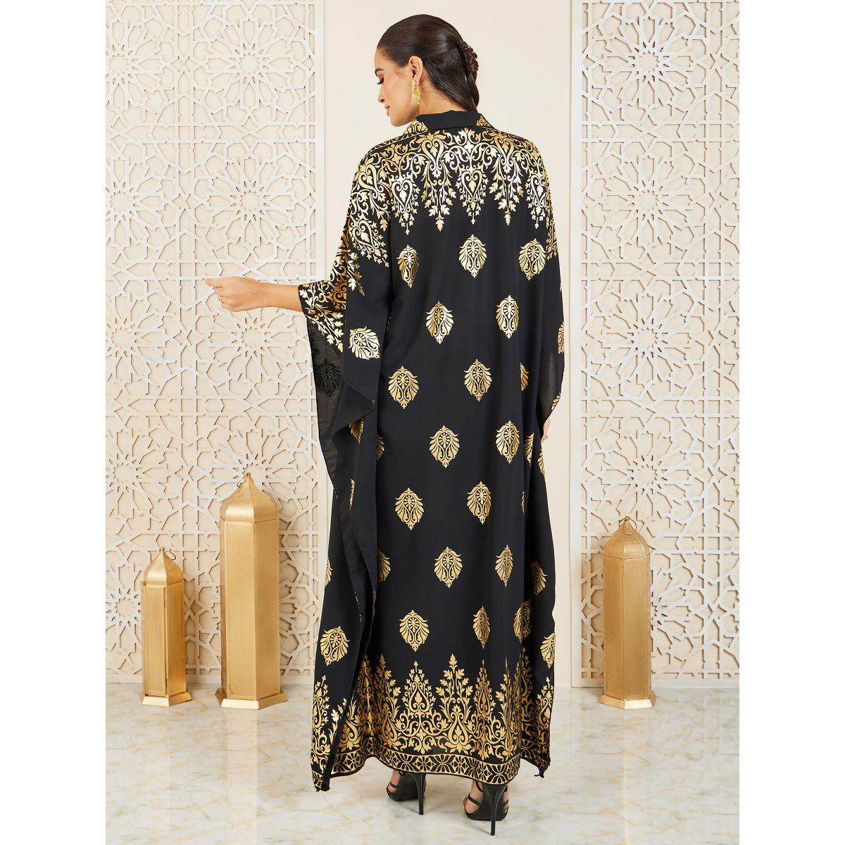 Styli Damask Foil Print Collared Kaftan-women-arabicclothing-kaftan-image-4