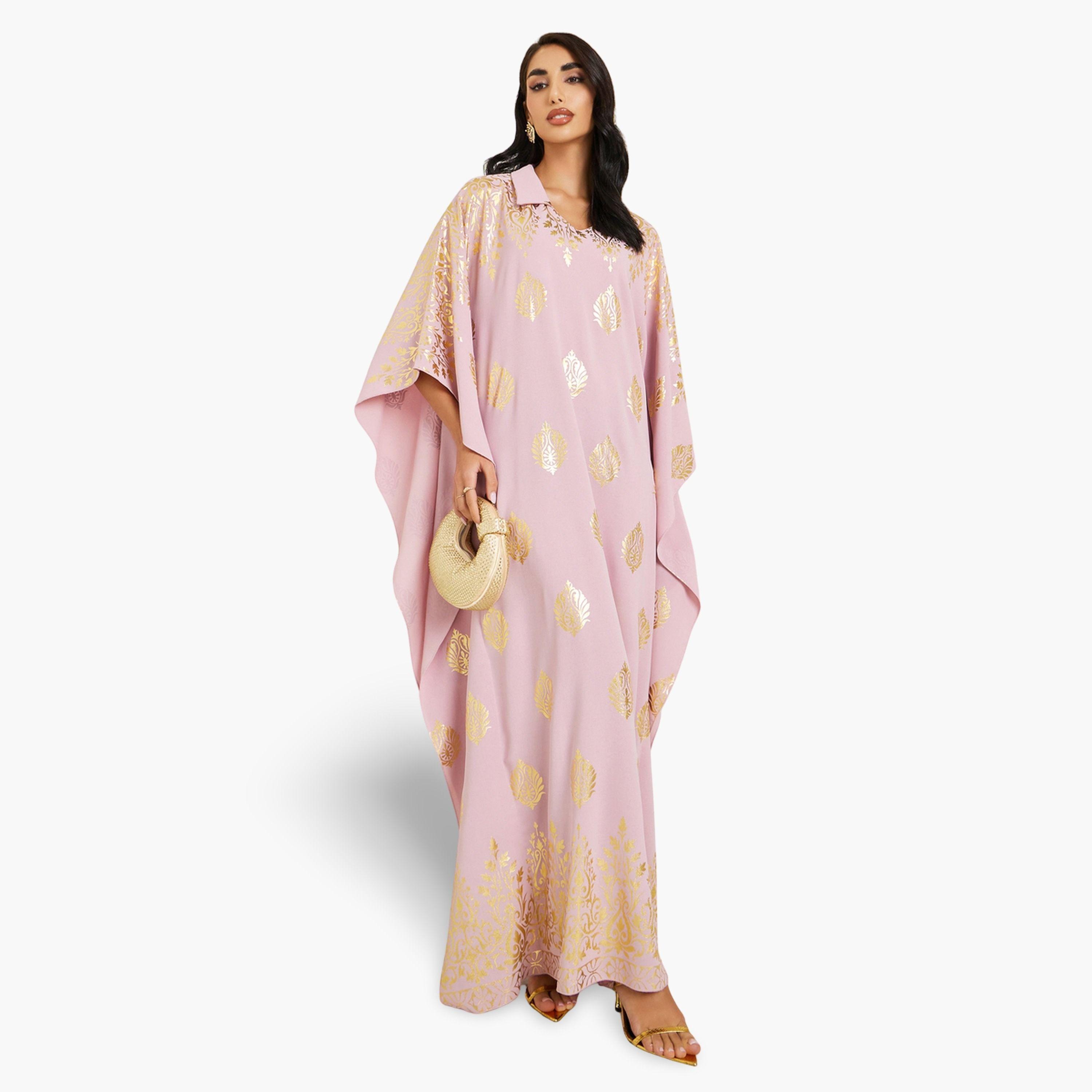 قفطان بياقة وطبعة ذهبية-women-arabicclothing-kaftan-image-1