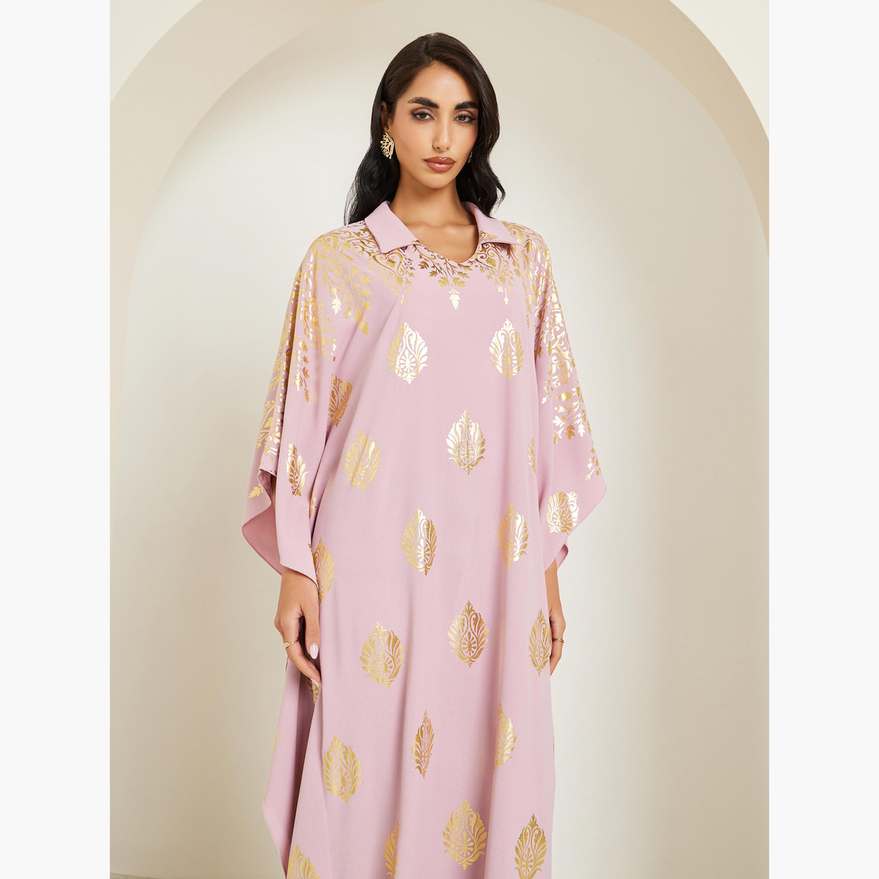 Styli Women Pink Gold Print Collared Kaftan-women-arabicclothing-kaftan-image-2