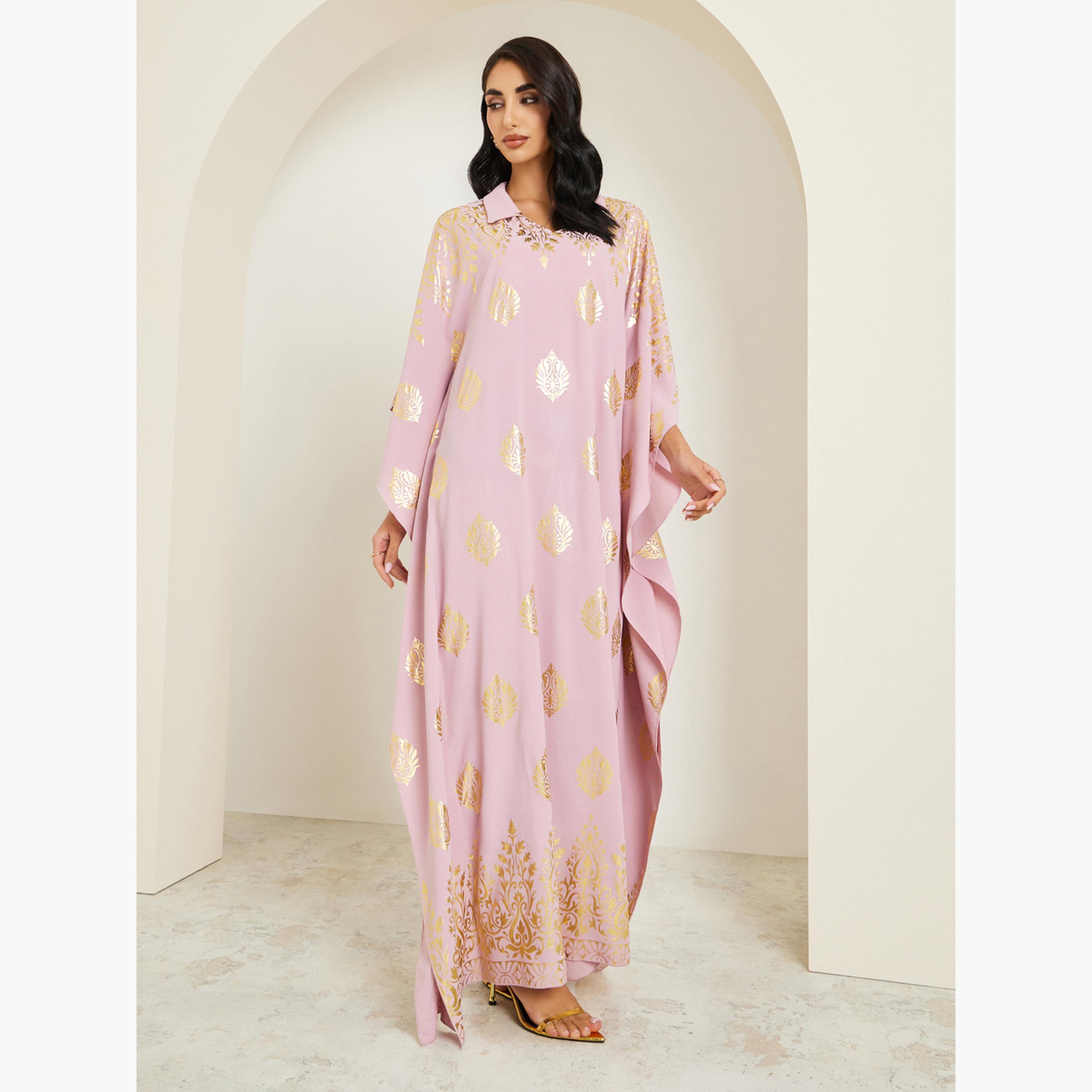 قفطان بياقة وطبعة ذهبية-women-arabicclothing-kaftan-image-3