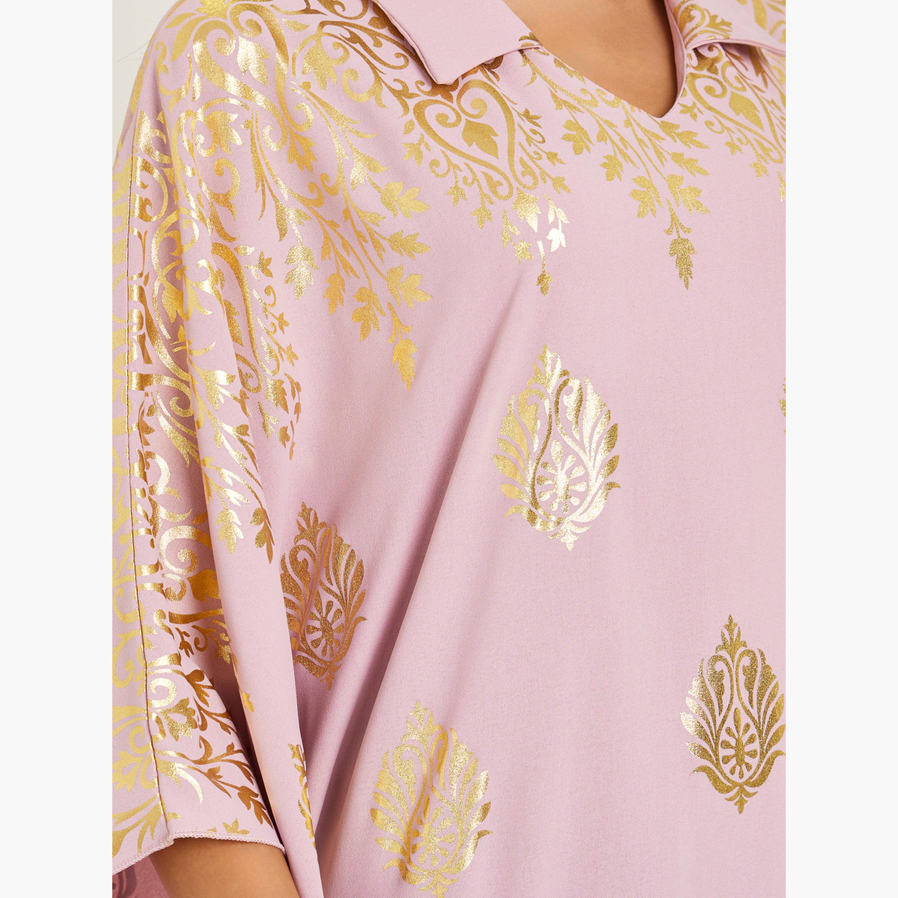 قفطان بياقة وطبعة ذهبية-women-arabicclothing-kaftan-image-4