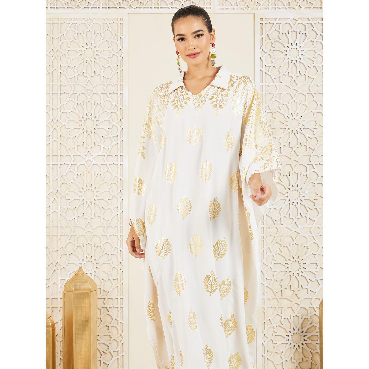 Styli Foil Print Collared Jalabiya-women-arabicclothing-jalabiyas-image-2