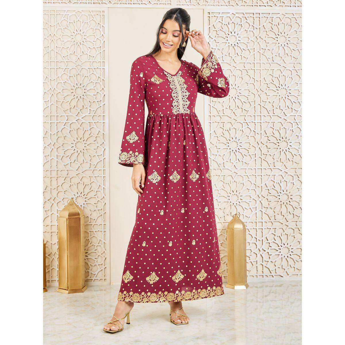 جلابية بطبعة فويل وتفاصيل دانتيل-women-arabicclothing-jalabiyas-image-1