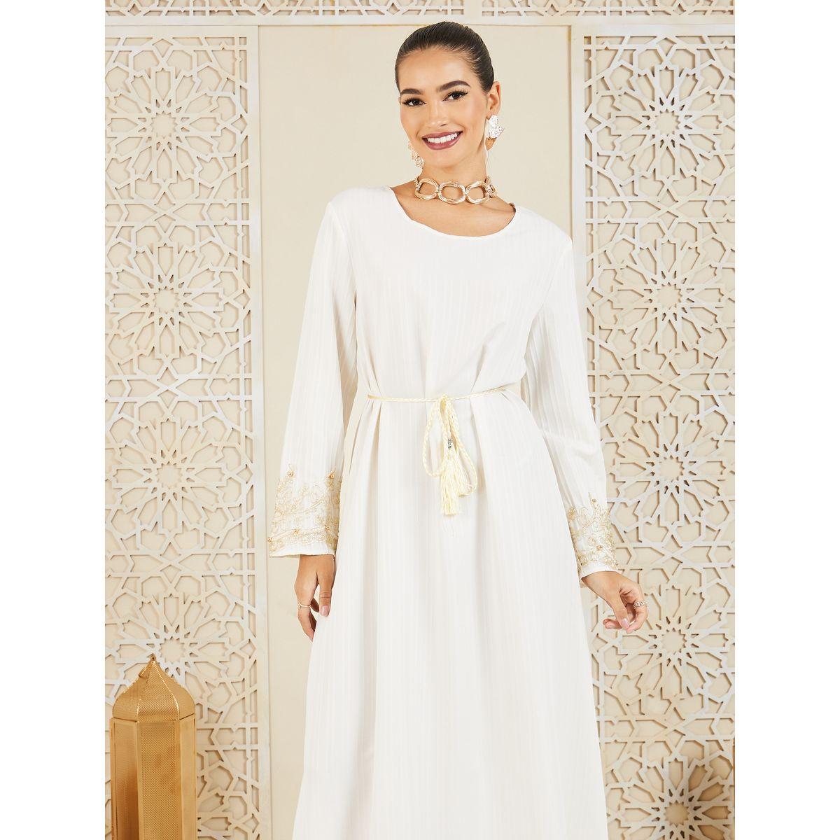 Styli Embroidered Lace Trim Detail Jalabiya with Self Tie Up-women-arabicclothing-jalabiyas-image-2