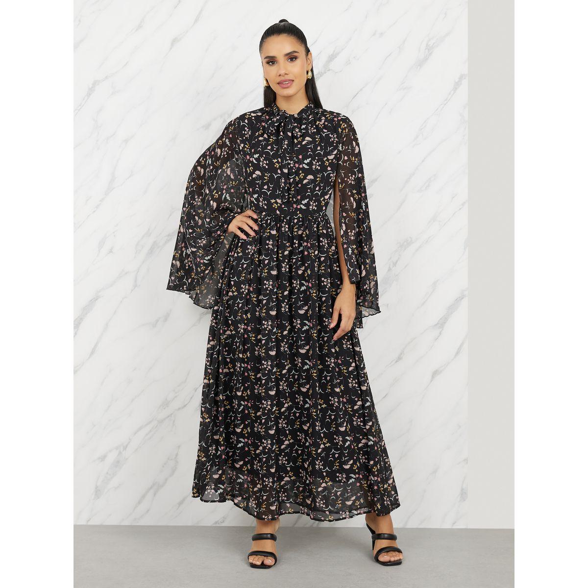 Styli Ditsy Print Tie Up Neck A-Line Maxi Dress-women-clothing-dresses-image-1