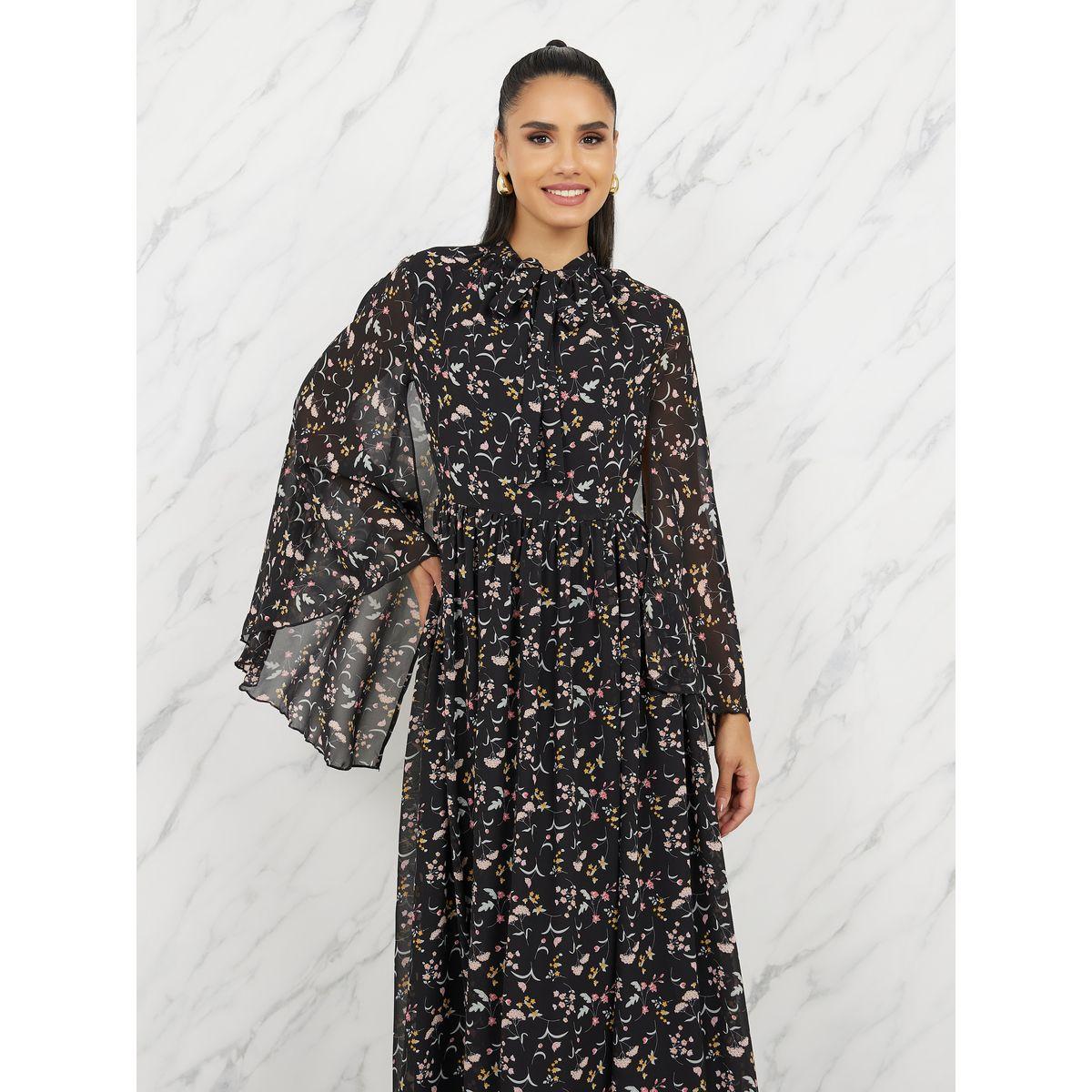 Styli Ditsy Print Tie Up Neck A-Line Maxi Dress-women-clothing-dresses-image-2