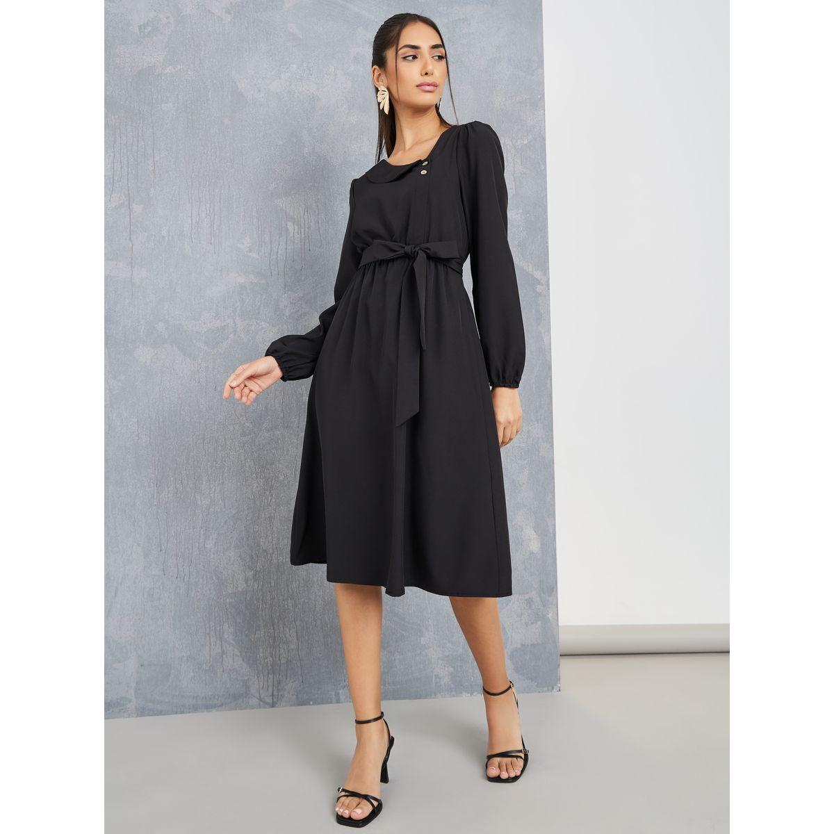 فستان ميدي بحافة واسعة مع حزام-women-clothing-dresses-image-1