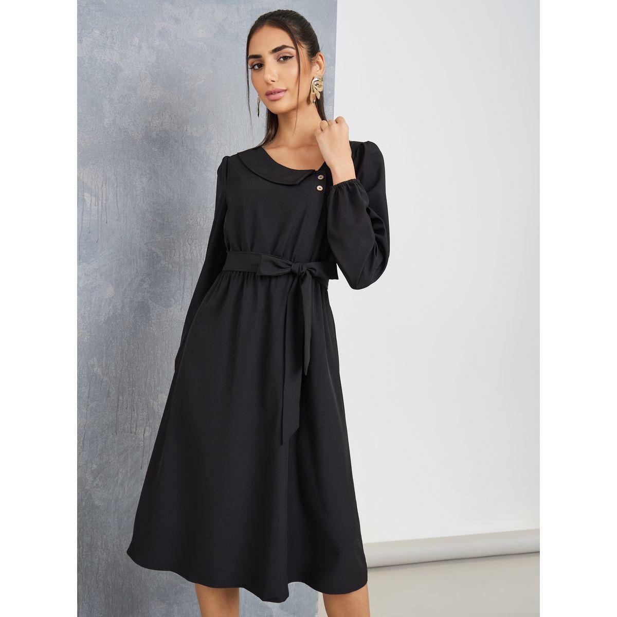 فستان ميدي بحافة واسعة مع حزام-women-clothing-dresses-image-2