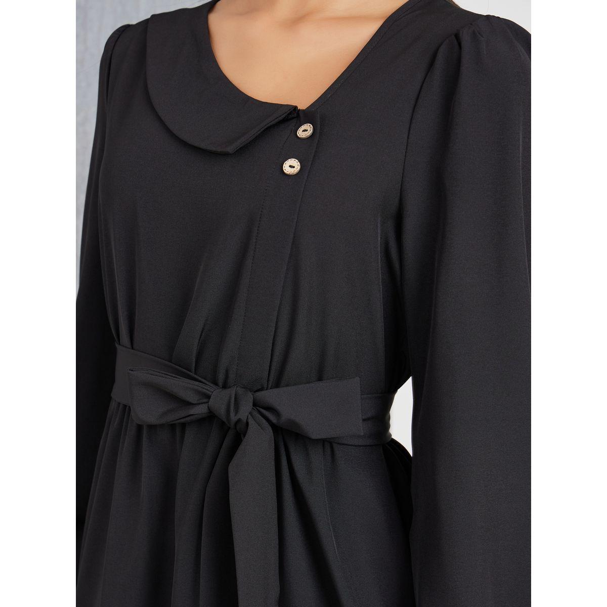 Styli Asymmetric Neck A-Line Midi Dress with Tie Belt-women-clothing-dresses-image-3
