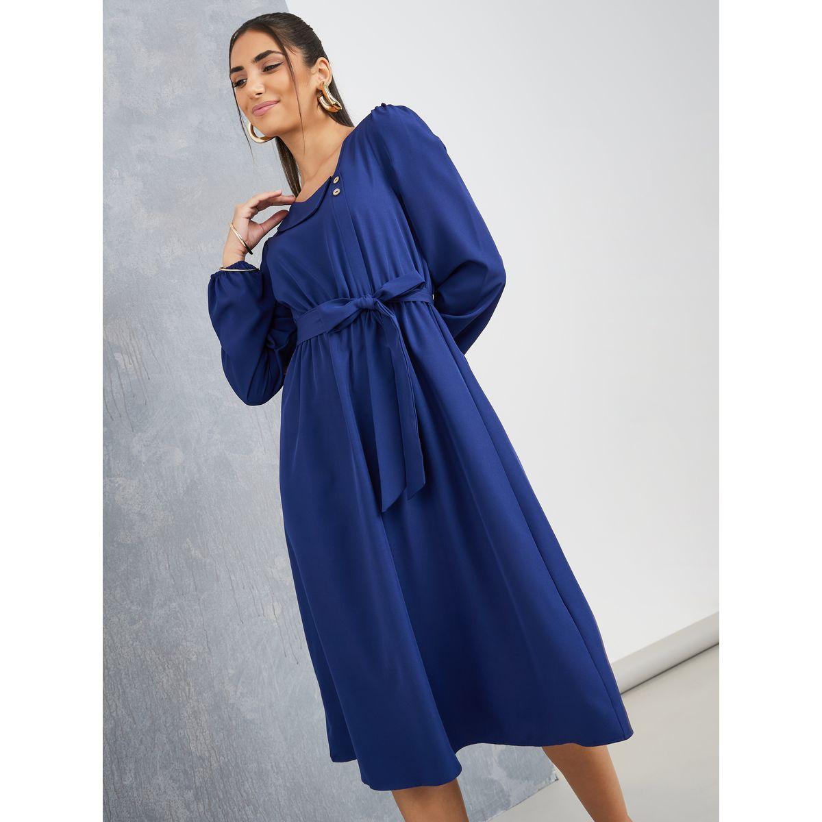فستان ميدي بحافة واسعة مع حزام-women-clothing-dresses-image-1