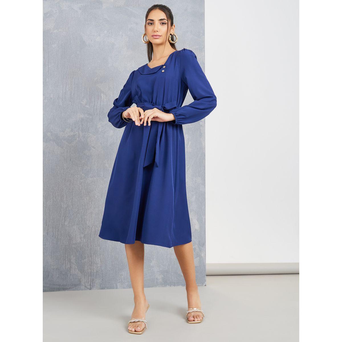 Styli Asymmetric Neck A-Line Midi Dress with Tie Belt-women-clothing-dresses-image-2
