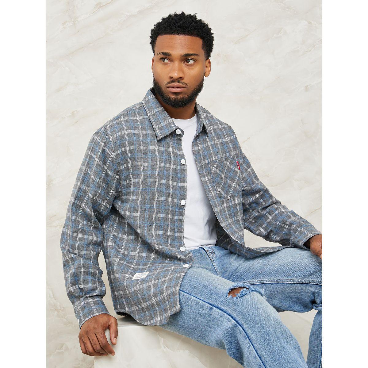Styli Plaid Check Oversized Shacket with Pocket-men-clothing-shirts-image-1