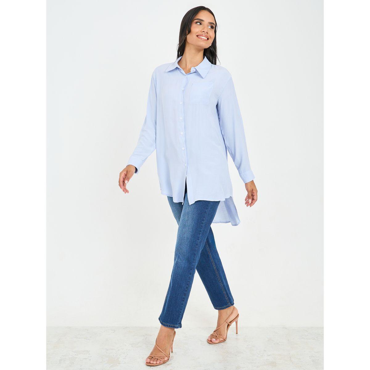 بلوزة تونيك سادة بحافة غير متماثلة الطول-women-clothing-shirtsandblouses-shirts-image-5