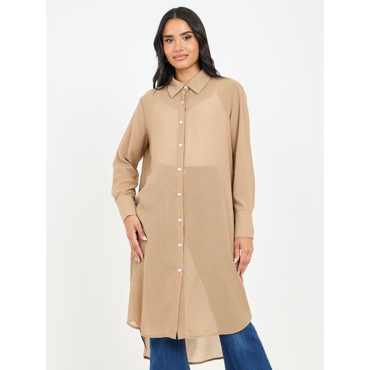 Styli Solid Mesh High Low Hem Longline Tunic Shirt-women-clothing-shirtsandblouses-shirts-image-1