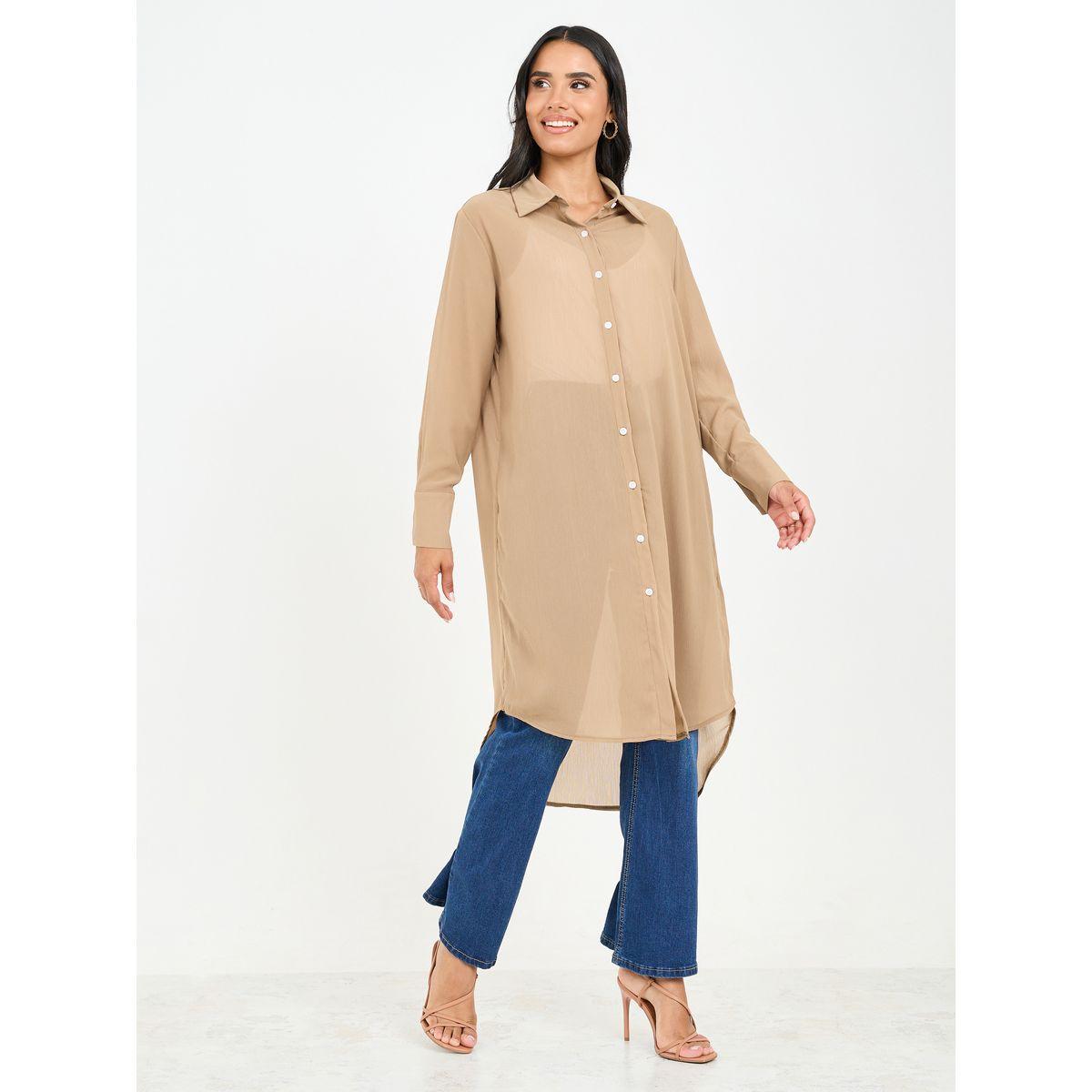 Styli Solid Mesh High Low Hem Longline Tunic Shirt-women-clothing-shirtsandblouses-shirts-image-2