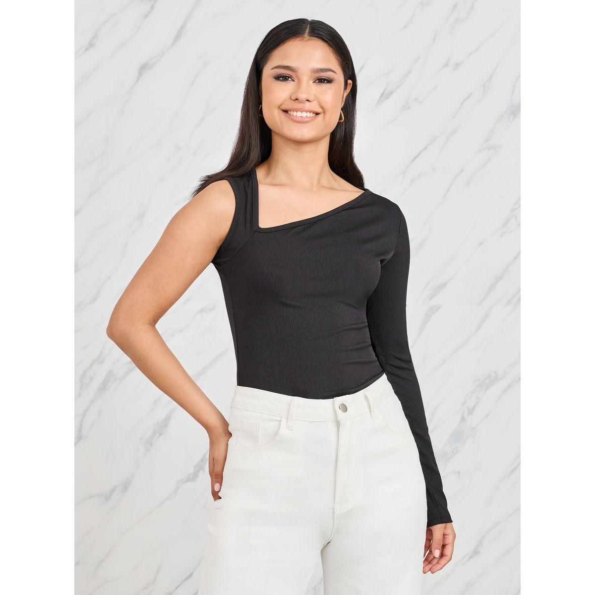 Styli Ribbed One Sleeve Solid Fitted Knit Top-women-clothing-shirtsandblouses-blouses-image-1