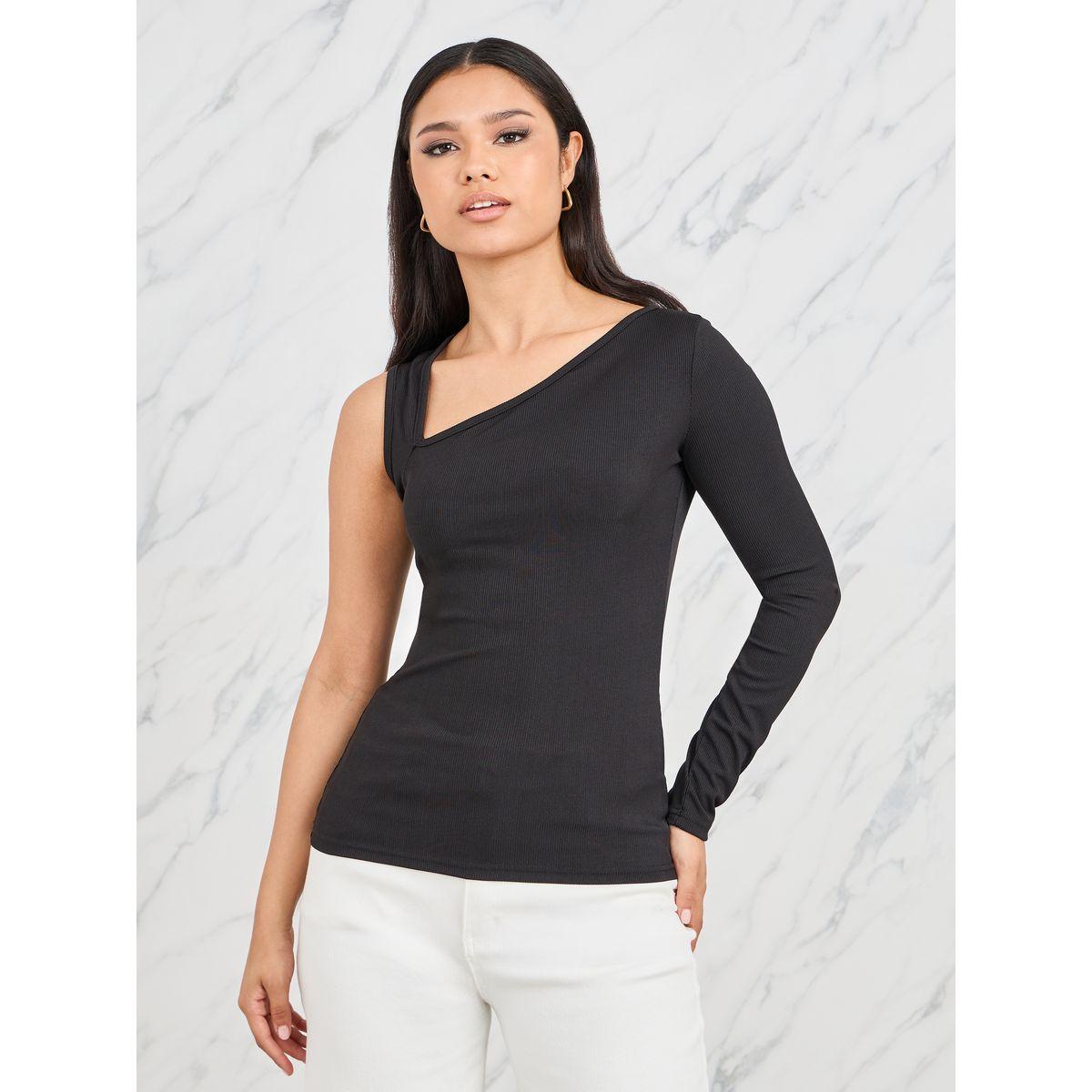 بلوزة محبوكة بتفاصيل مضلعة وكتف واحد-women-clothing-shirtsandblouses-blouses-image-3