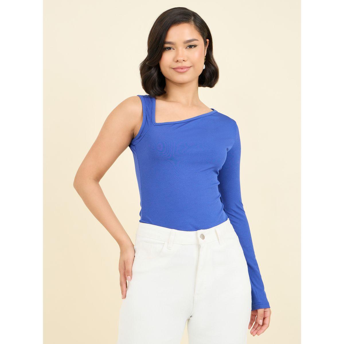 Styli Ribbed One Sleeve Solid Fitted Knit Top-women-clothing-shirtsandblouses-blouses-image-1