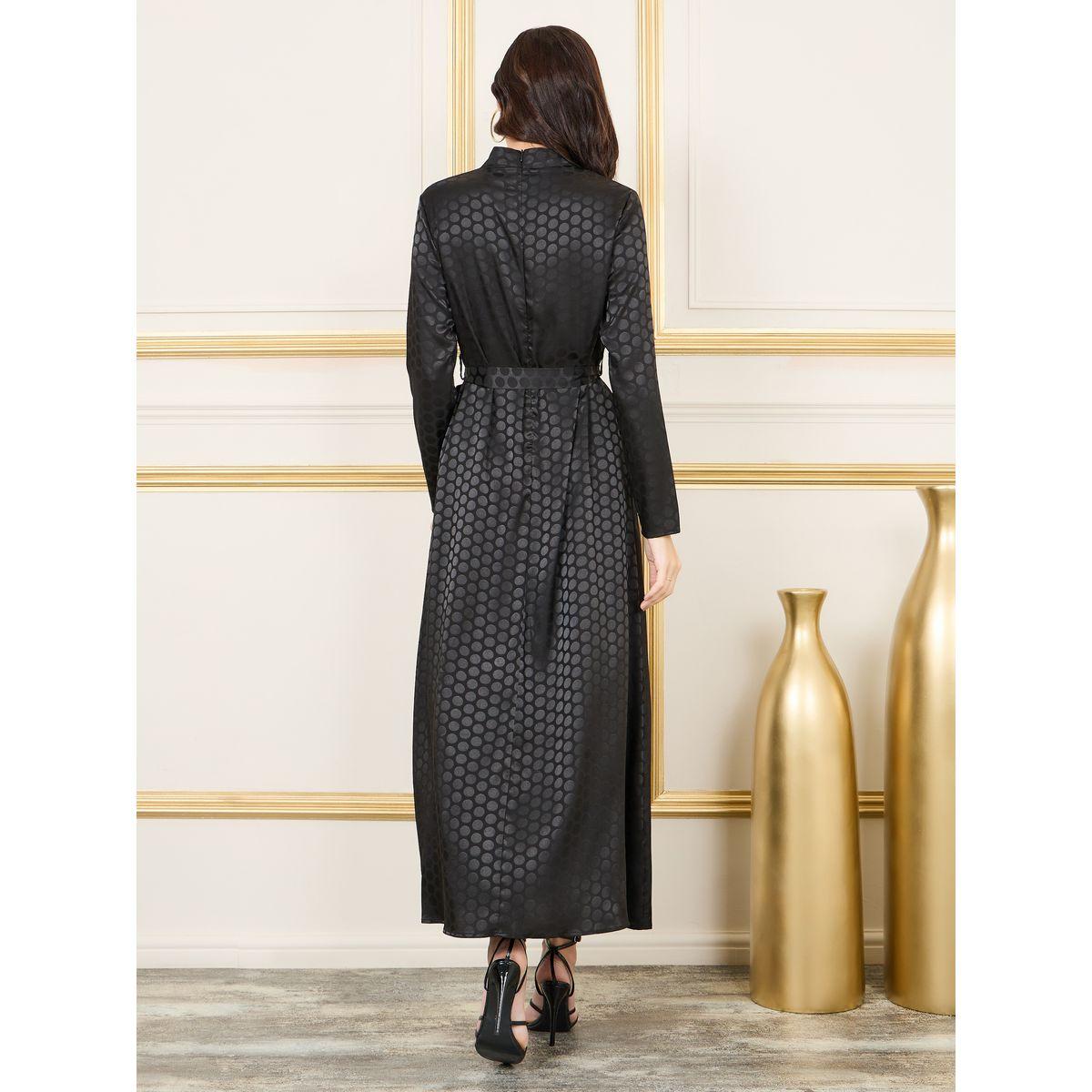 فستان طويل ساتان بطبعة جاكار وياقة عالية-women-clothing-dresses-image-4